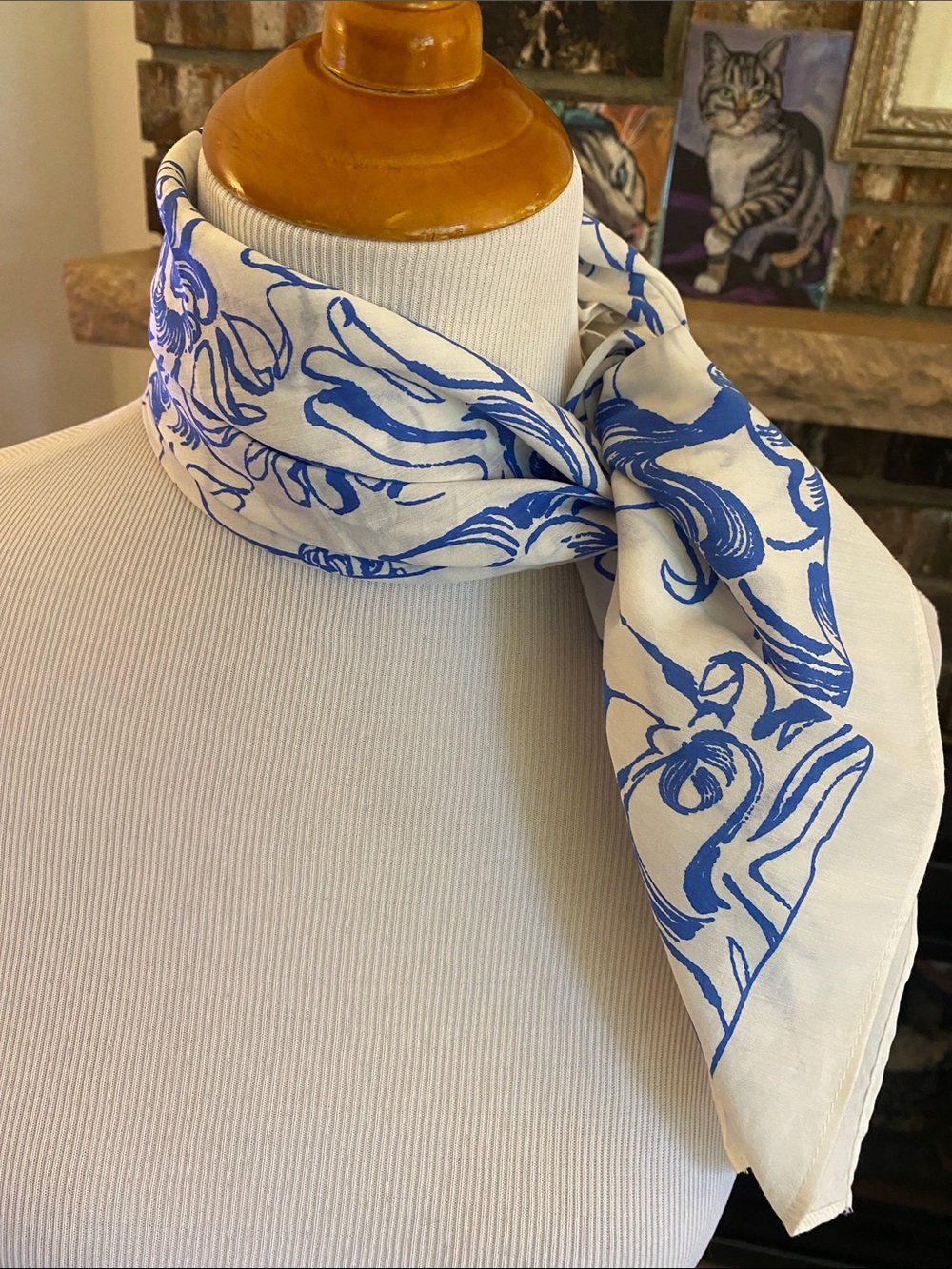 MARIMEKKO Lierio Cactis pattern 79% cotton 21% silk blue and white scarf. NWT!